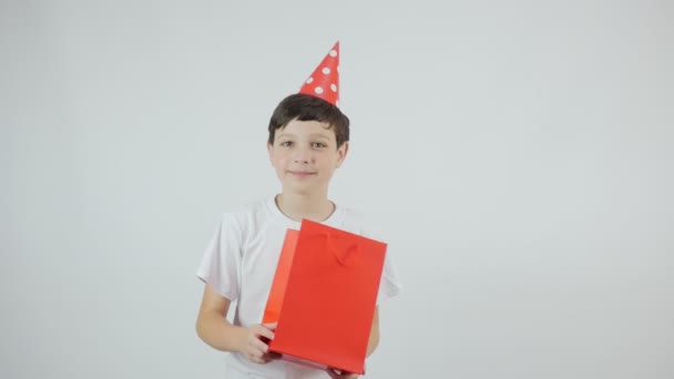 Little Boy Red Cap His Head Red Bag His Hands — Stockvideo