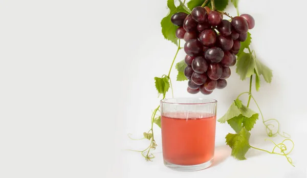 Üzüm. Beyaz arka planda üzüm yaprağı olan bir demet pembe üzüm. Kupa. Pankart. Boşluğu kopyala