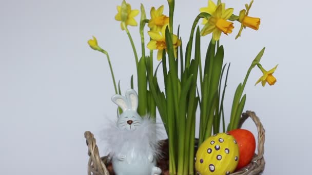 Bouquet of daffodils, Easter eggs and a rabbit. Minimal concept. copy space — Stock Video