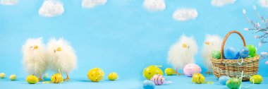 Paskalya kompozisyonu, paskalya yumurtası ve tavuk. Mavi arka planda Paskalya. Paskalya yumurtalı sepet. Piliç. Pankart. Boşluğu kopyala