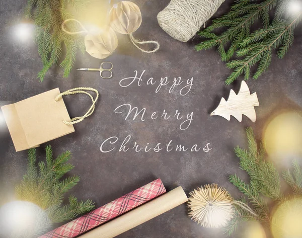 Happy Merry Christmas background with fir trees. Christmas card. Christmas background. Gifts. Happy Merry Christmas. Banner. copy space