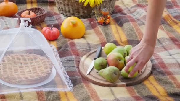 Día Acción Gracias Picnic Naturaleza Pasteles Calabazas Peras — Vídeo de stock