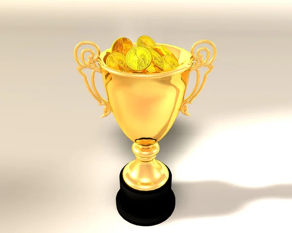 Trophy cup and coins — Stock Photo, Image