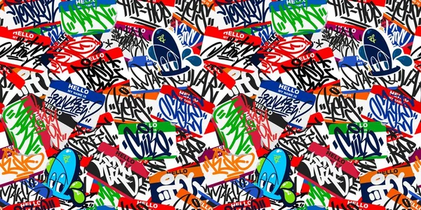 Abstrato Sem Costura Colorido Urbano Graffiti Estilo Adesivo Bombardeio Olá Meu Nome Está Com Alguma Arte De Rua Letras Vetor Ilustração Arte — Vetor de Stock