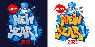 İzole edilmiş iki Soyut Sancak Mutlu Yıl 2022 Graffiti stili Yazı Tipi Yazı Tipi Yazı Tipi İllüstrasyon Sanatı Hiphop Noel Baba
