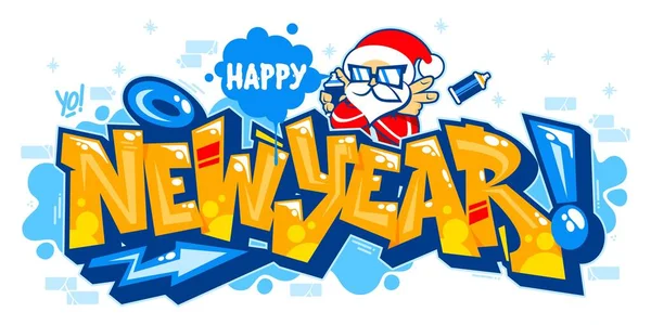 Abstract Isolated Banner Happy New Year With Santa Claus In Graffiti Stílus Font Lettering Vector Illustration — Stock Vector