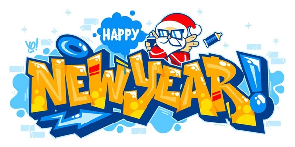 Banner aislado abstracto Feliz Año Nuevo con Papá Noel en estilo graffiti Letras de fuente Vector Ilustración — Vector de stock