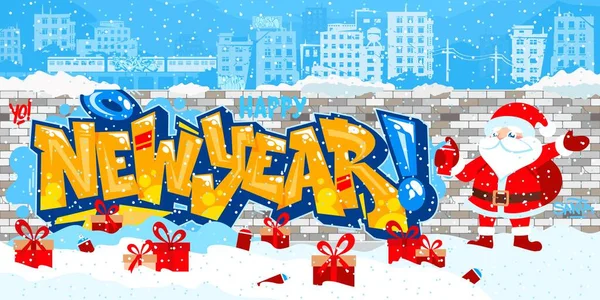 Cute Urban Hiphop Santa Claus Spraying Graffity Szczęśliwego Nowego Roku Wektor ilustracji sztuki — Wektor stockowy