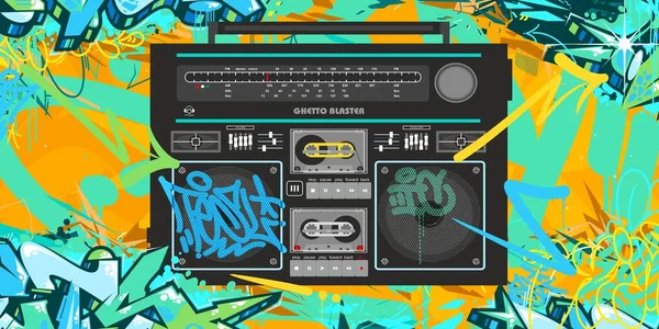 Urban Detallado Retro Ghetto Blaster Hip Hop Graffiti Street Art Style Banner — Vector de stock
