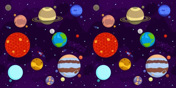 Nahtloser Hintergrund Des Sonnensystems Mit Cartoon Planeten Sonne Mars Merkur — Stockvektor