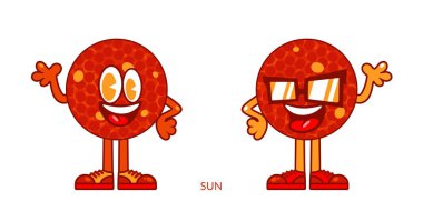 İki Şirin Mutlu Gülen Güneş Çizgi Filmi Karakteri. Vektör illüstrasyonu