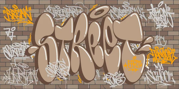 Parede de tijolo urbana plana com alguns Graffiti Street Art Lettering Textura fundo decorativo Vector Ilustração — Vetor de Stock