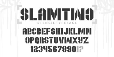 Kalın Stencil Urban Sokak Sanatı Graffiti Stili Alfabe Yazı tipi Çarpışan İki Dijital Tipografi Vektörü İllüstrasyonu