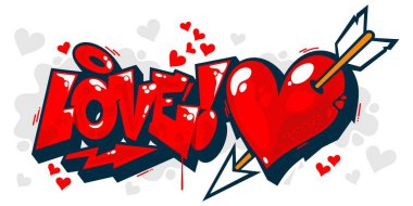 Soyut Graffiti Tarzı Kelime Sevgisi ve Kalp Metni Mektubu. Sevgililer Günü ya da Düğün İçin Vektör İllüstrasyon Sanatı