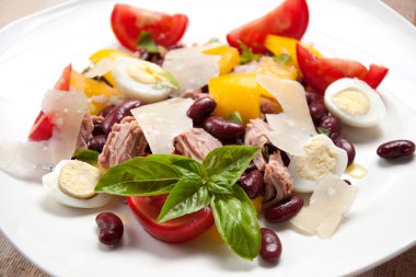 ton balıklı salata fasulye, biber, domates ve yumurta ile