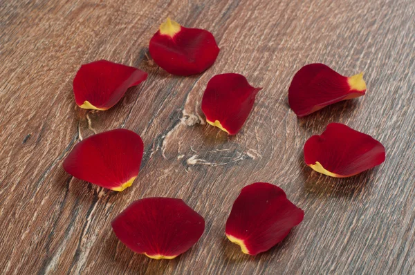 Roses petals on wooden board — Stock Photo, Image
