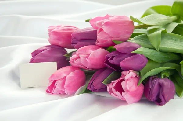 Рожеві та фіолетові тюльпани на білому шовку з карткою — стокове фото