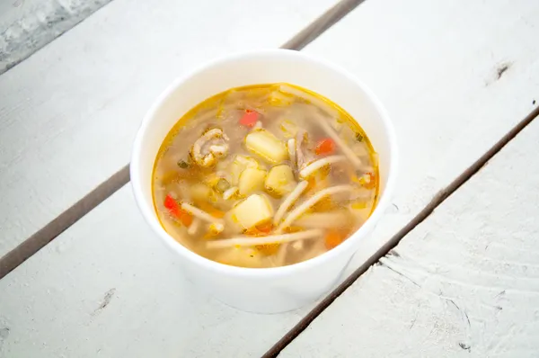 Chicken soup with noodles and boiled eggs — Stock Photo, Image