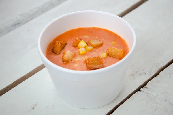Tomato soup with corn and croutons — Stock Photo, Image