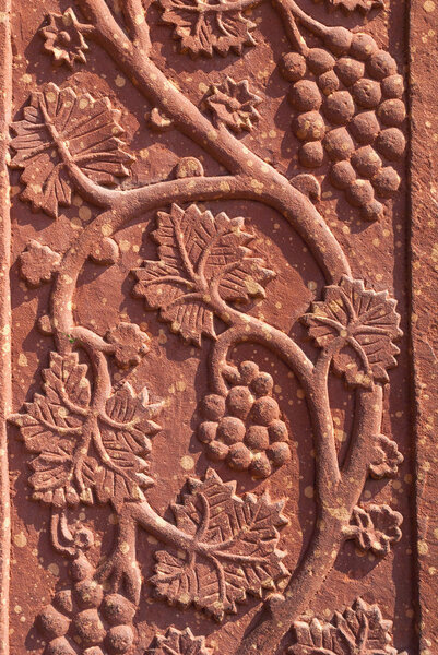 Фрагментная скульптура виноградных лоз на красном стенде в Фатехпуре Сик
