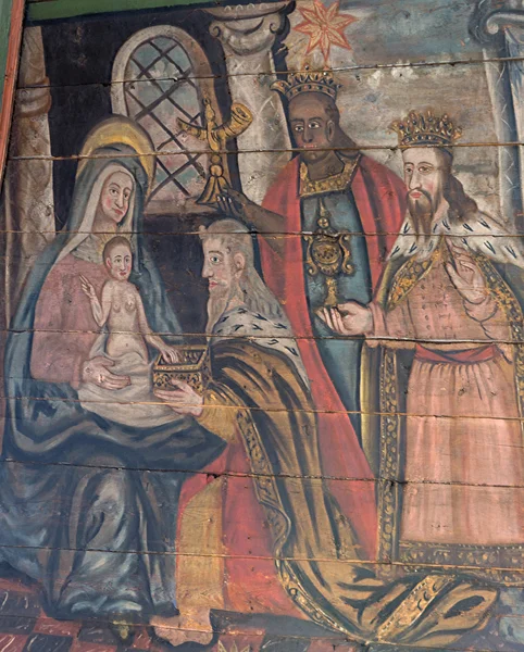 Aanbidding van baby Jezus schilderij in tornio kerk, Finse lapla — Stockfoto