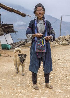 Hmong köylüyü ve yolda Hatıra Eşyası satan köpek.