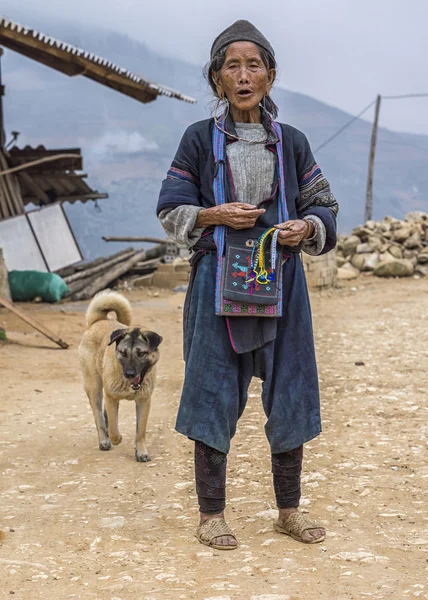 Hmong aldeia ancião e cão vendendo lembranças na estrada . — Fotografia de Stock