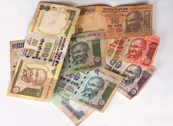 Seven different denominations of Indian rupee notes — Stock Photo, Image
