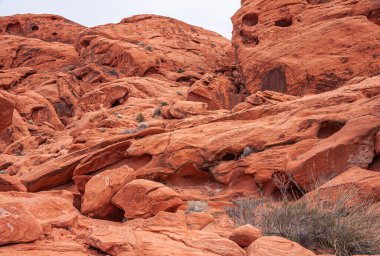 Overton, Nevada, ABD - 24 Şubat 2010: Ateş Vadisi. Çamurlu ve çatlamış kırmızı kayaların eğimli kanatlarıyla dolu arazide gri gökyüzünün altında küçük kuru ot çalıları yetişir..
