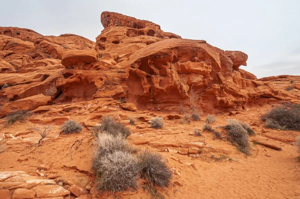 Overton, Nevada, ABD - 25 Şubat 2010: Ateş Vadisi. Gri gökyüzünün altında kuru kırmızı çöl tabanından yükselen çukurlu kırmızı kayalıklı manzara..
