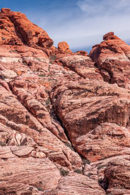Las Vegas, Nevada, ABD - 23 Şubat 2010 Red Rock Canyon Conservation Area. Kırmızı kayadaki yarık, mavi bulutların altında bitki örtüsü var..
