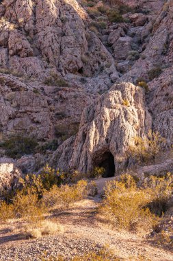 Overton, Nevada, ABD - 24 Şubat 2010: Ateş Vadisi. Kuru çöl zemininin arkasındaki gri dağ sırasına yeşil çalılarla aydınlık olmayan karanlık giriş portresi. Kısmen güneşle aydınlanıyor..