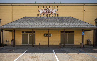 Temecula, CA, USA - April 11, 2022: Old Town neighborhood. Yellow wall with doors as Entrance to the Stampede West Coast largest country western and rock and roll music venue. Image of cattle.
