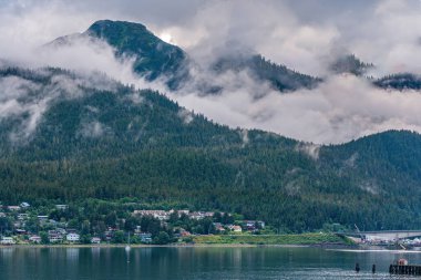 Juneau, Alaska, ABD - 19 Temmuz 2011: Douglas Adası 'ndaki iki yeşil çam ağacı arasında vadide yakalanan gri bulutlar. Gastineau Kanalı kıyısında bir mahalle. Köprü rampasında.. 