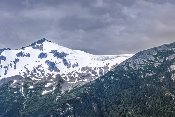 Skagway, Alaska, ABD - 20 Temmuz 2011: Chilkoot körfezinin yukarısındaki Taiya körfezi. Kasabaya yakın orman kanatları olan mavi bulutların altında karla kaplı bir dağ..