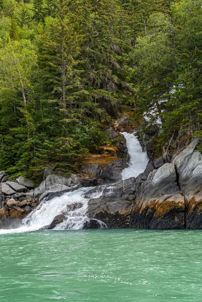 Skagway アラスカ アメリカ 2011年7月20日 Chilkoot Inletの上のTaiya Inlet 緑の葉を切断茶色灰色の岩の上にサーフィン緑の海の水に達する滝の最後の10メートルの肖像画 — ストック写真