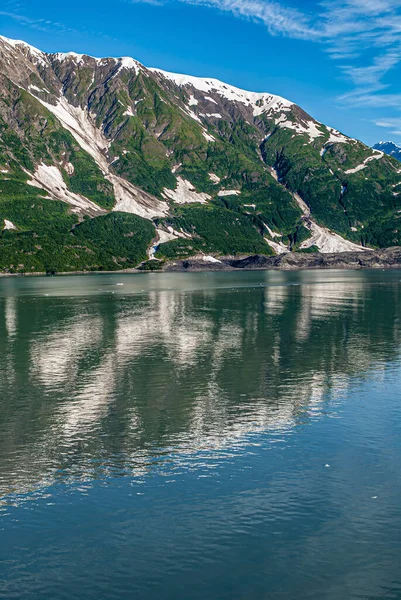 2011年7月21日 雪盖山脉 蓝天下的短冰川与漂浮的冰片映照在海水中 — 图库照片