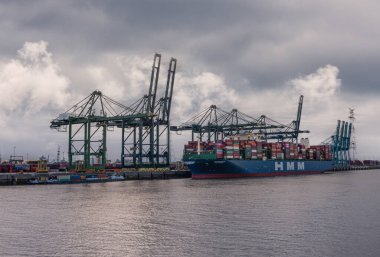 Antwerpen, Flanders, Belçika - 10 Temmuz 2022: Scheldt Nehri boyunca endüstri. Port Europa Terminali 'nde vinç ve kutularla dolu HMM konteynır gemisi