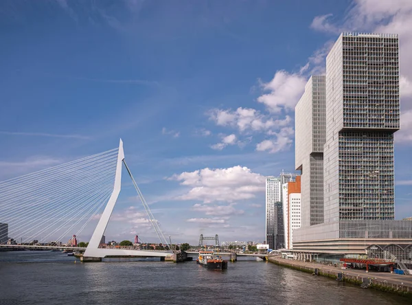 荷兰鹿特丹 2022年7月11日 科普范祖德船坞上的德鹿特丹摩天大楼在新默兹河前方蓝云景观下 Erasmusbrug南部登陆 Hein Barge办法 — 图库照片