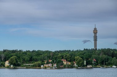 İsveç, Stockholm - 16 Temmuz 2022: Djurgardsbrunnsvikens Motorbatsklubb gri bulutlar altında rıhtım boyunca beyaz yatları var. Yeşil kuşak. 