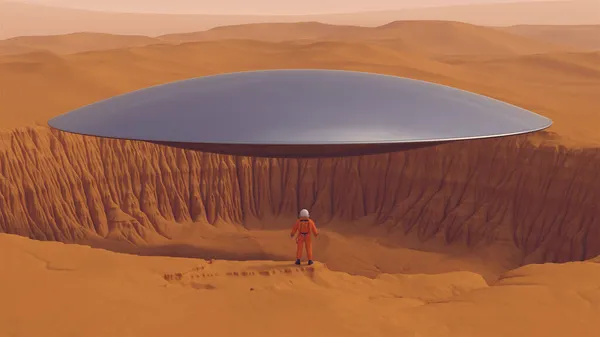 Astronauta Laranja Com Prata Ufo Deserto Cratera Areia Dunas Paisagem — Fotografia de Stock