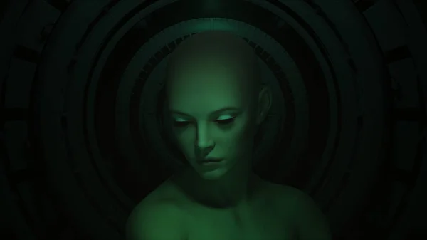 Futuriste Femme Humanoïde Féminin Cyborg Android Green Screen Glow Sci — Photo