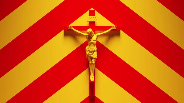 十字架上のイエス像十字架上のイエス教会芸術宗教彫刻 カトリック信仰黄色い赤いシェブロンを持つシンボル背景3Dイラストレンダリング — ストック写真
