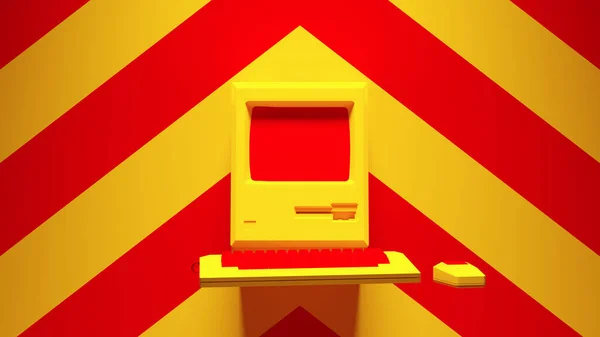 Computer Retrò Giallo Con Giallo Uno Sfondo Rosso Chevron Illustrazione — Foto Stock