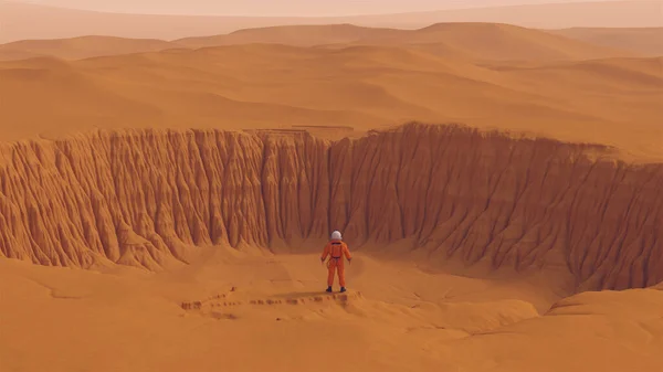 Оранжевый Одинокий Астронавт Пустынный Кратер Песчаные Дюны Пейзаж Иллюстрации Рендеринг — стоковое фото