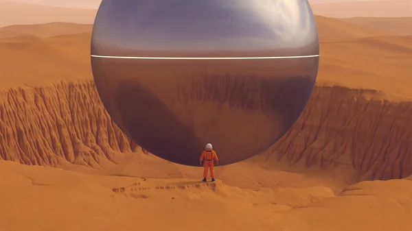 Оранжевый Астронавт Серебряным Нло Пылающим Белым Полосой Пустыни Песчаные Дюны — стоковое фото