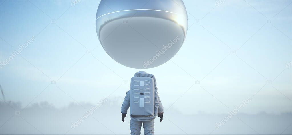 Astronaut Futuristic Alien UFO Giant Silver Metal Sphere Reflection Science Fiction Landscape 3d illustration render