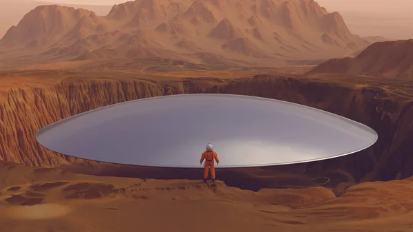 Astronauta Espaçonave Grande Cratera Alienígena Prata Ufo Disco Retro Flutuante — Fotografia de Stock