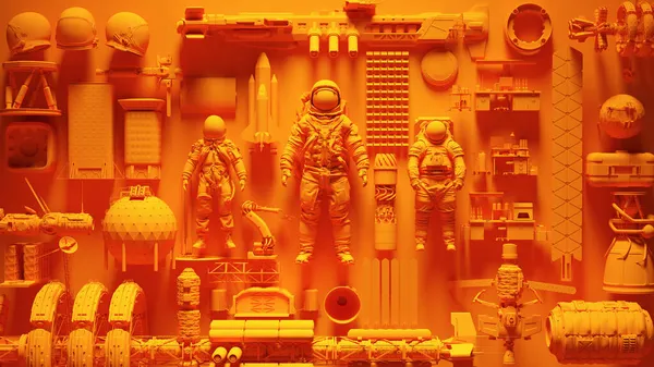 Orange Yellow Space Exploration Technology Wall Collage Astronaut Cosmonaut Spacecraft — стокове фото