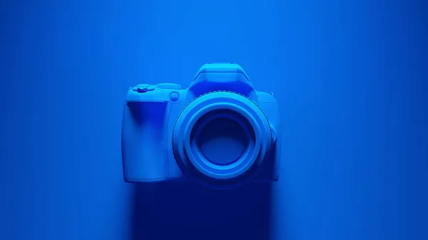 Modrá Dlsr Kamera Modrým Pozadím Ilustrace Vykreslení — Stock fotografie